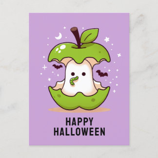Niedlich Ghost und Apple Lila Halloween-Postkarte Postkarte