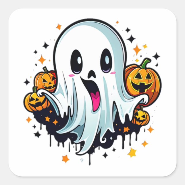 Niedlich Ghost und glückliche Pumpkins Quadratischer Aufkleber (Vorderseite)