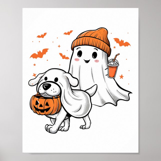 Niedlich Ghost Walking Dog Coquette Bow Halloween  Poster (Vorne)
