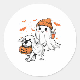 Niedlich Ghost Walking Dog Coquette Bow Halloween Runder Aufkleber