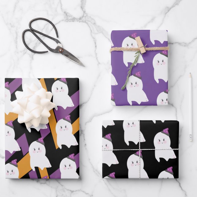 Niedlich Ghost Witch Hat Halloween Theme Geschenkpapier Set (Vorderseite)