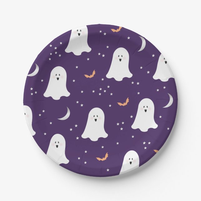 Niedlich Ghosts Halloween Dark Lila Paper Plate Pappteller (Vorderseite)