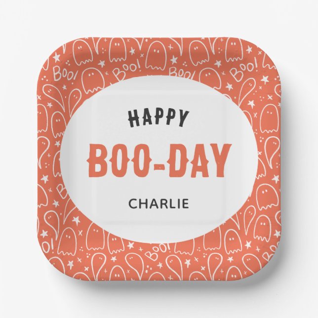 Niedlich Ghosts Pattern Happy "Boo-Day" Personalis Pappteller (Vorderseite)
