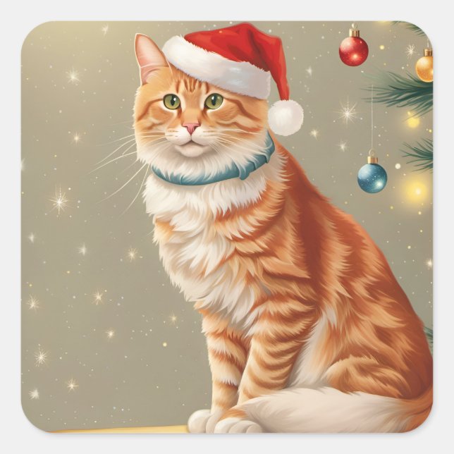 Niedlich Ginger Cat Christmas Quadratischer Aufkleber (Vorderseite)