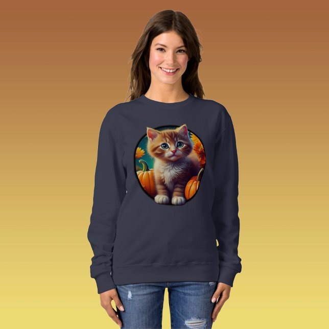 Niedlich Ginger Cat Herbst Pumpkins Frauenkürbis Sweatshirt (ginger cat kitten tabby harvest thanksgiving fall autumn cute women's sweatshirt jumper feline gift)