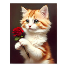 Niedlich Ginger Cat Holding eine Rote Rose. Ölgemä