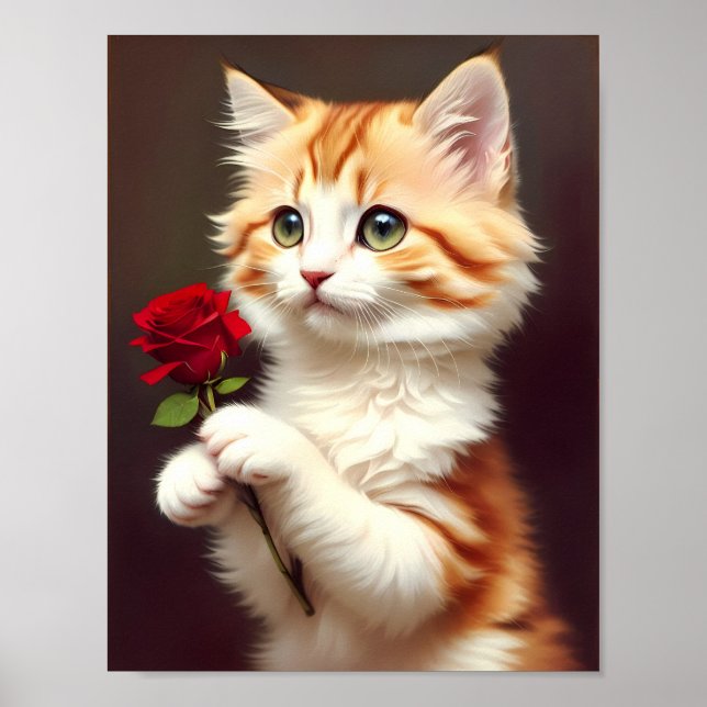 Niedlich Ginger Cat Holding eine Rote Rose. Ölgemä Poster (Vorne)