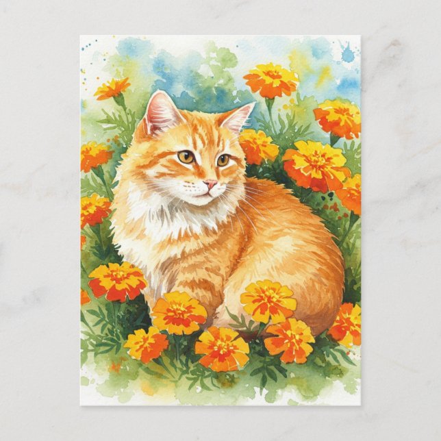 Niedlich Ginger Cat mit Marigold Postcard Postkarte (Vorderseite)