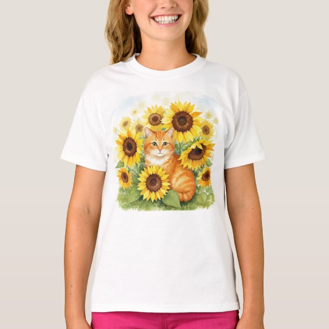 Niedlich Ginger Cat Sunblumen Kinder T - Shirt (Vorderseite)