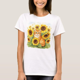 Niedlich Ginger Cat Sunflowers T - Shirt