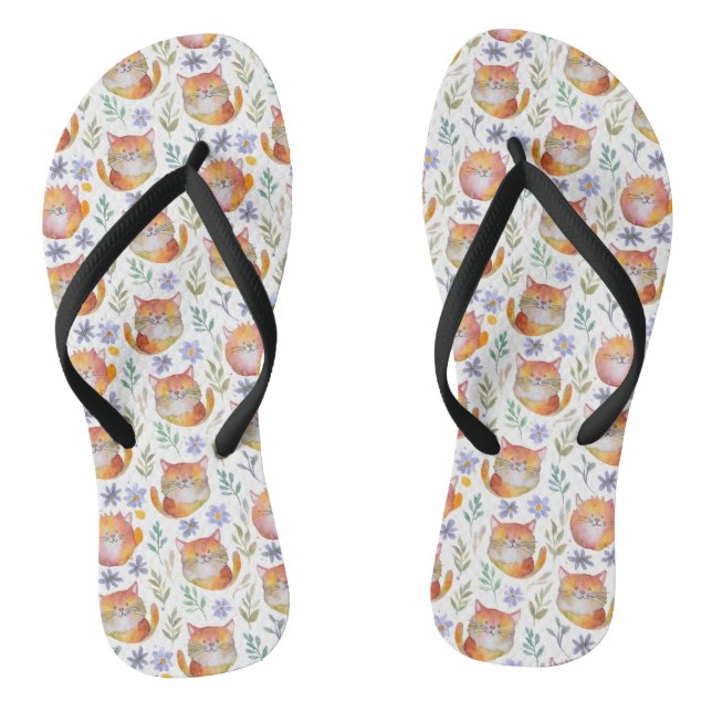 Niedlich Ginger Cat und Blume Drehte Flop Flip Flops (Fußbett)
