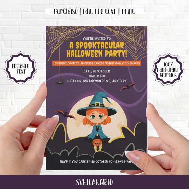 Niedlich Ginger Hexe Halloween-Party Einladung (Cute Ginger Witch Girl Halloween Party Invitation)