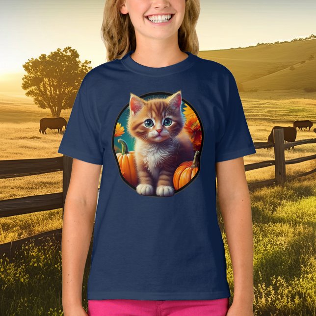Niedlich Ginger Kitten Autumn Harvest Pumpkins Gir T-Shirt (thanksgiving ginger kitten cat harvest fall autumn sunflower pumpkin orange tabby cat girls t-shirt)