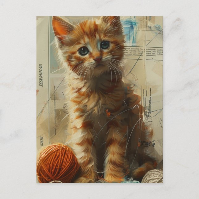 Niedlich Ginger Kitten in Yarn Collage Postcard Postkarte (Vorderseite)