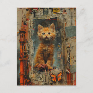 Niedlich Ginger Kitten Mixed Media Collage Postcar Postkarte