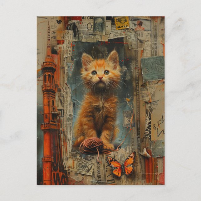 Niedlich Ginger Kitten Mixed Media Collage Postcar Postkarte (Vorderseite)