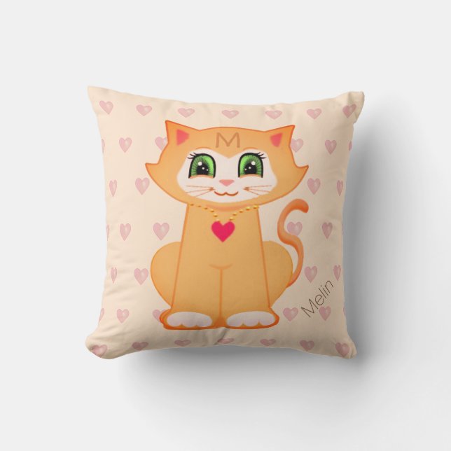 Niedlich Ginger Kitty Cat Cartoon & Hearts on Cora Kissen (Vorderseite)