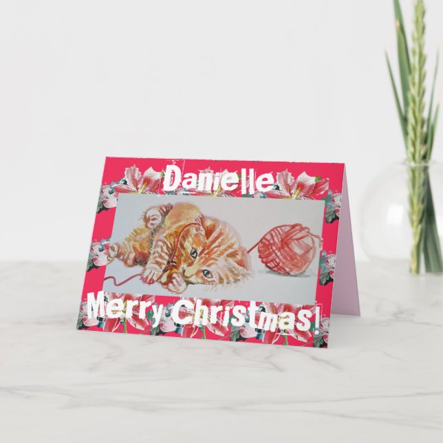 Niedlich Ginger Tabby Cat Playing Wolle Weihnachts Karte (Vorderseite)