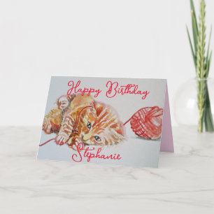 Niedlich Ginger Tabby Cat Playing Wool Geburtstags Karte
