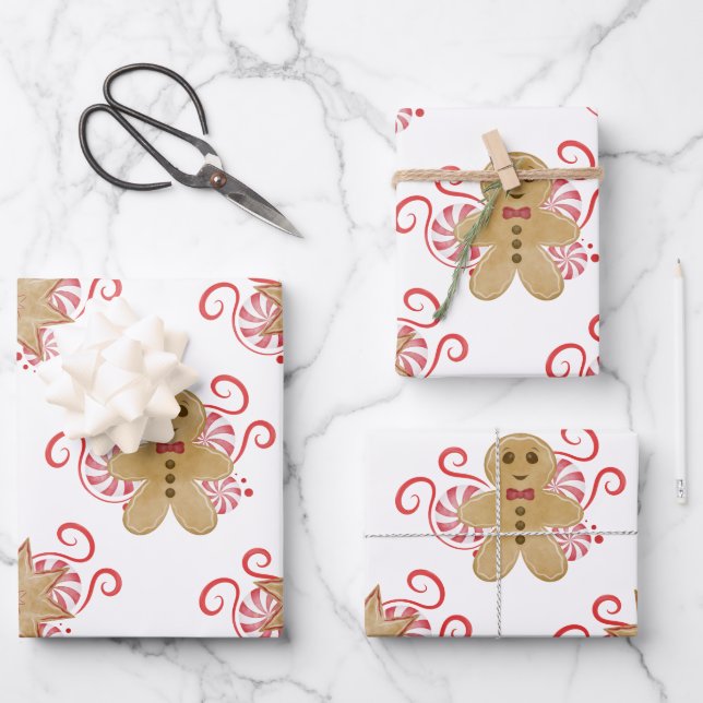 Niedlich Gingerbread Man & Peppermint Weihnachten Geschenkpapier Set (Vorderseite)