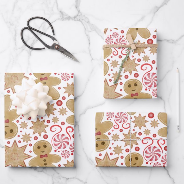 Niedlich Gingerbread Man & Peppermint Weihnachten Geschenkpapier Set (Vorderseite)