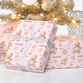 Niedlich Gingerbrei Man Girl Pink Name Weihnachten Geschenkpapier