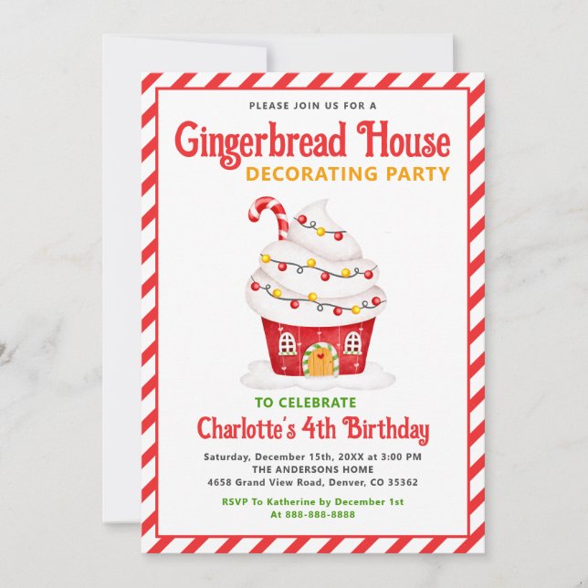 Niedlich Gingerbrot House Candy Cane Birthday Part Einladung (Vorderseite)