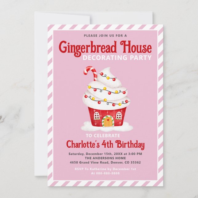 Niedlich Gingerbrot House Candy Cane Pink Geburtst Einladung (Vorderseite)