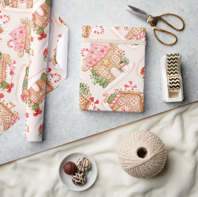 Niedlich Gingerbrot House Pattern Holiday Geschenkpapier (Kunsthandwerk)