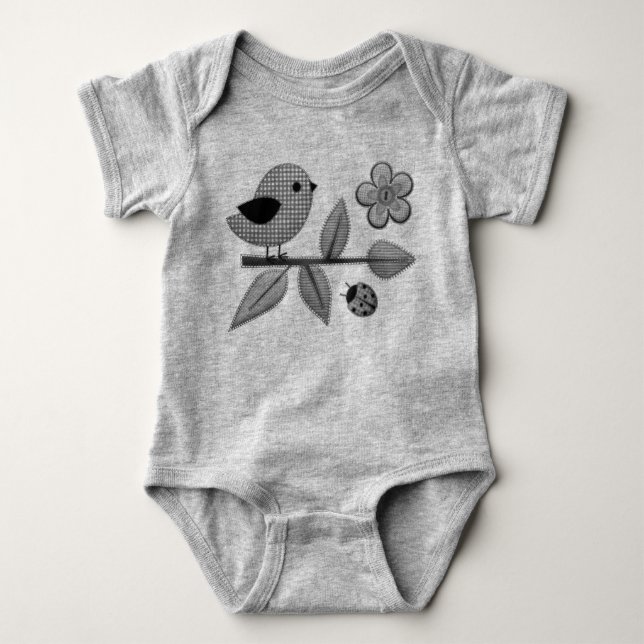 Niedlich Gingham Bird und Ladybug Garden Art Baby Strampler (Vorderseite)