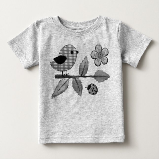 Niedlich Gingham Bird und Ladybug Garden Art Baby T-shirt (Vorderseite)
