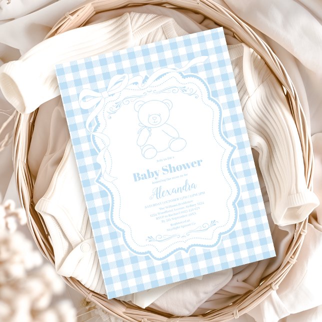 Niedlich Gingham French Teddy Bear Baby Shower Einladung (Von Creator hochgeladen)