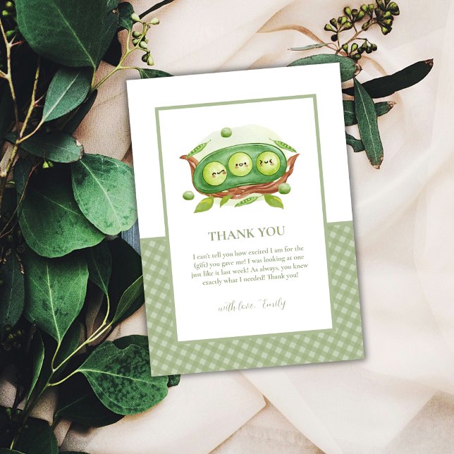 Niedlich Gingham Greenery Sweet Pea in Pod Baby Du Dankeskarte (Cute Gingham Greenery Sweet Pea In Pod Baby Shower Thank You Card)