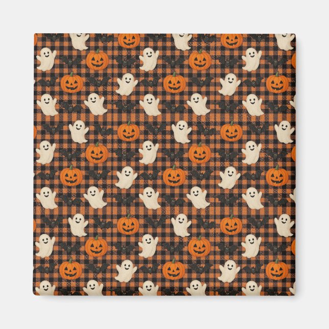 Niedlich, Gingham-halloween-Geist-Kürbisbäume Magnet (Vorne)