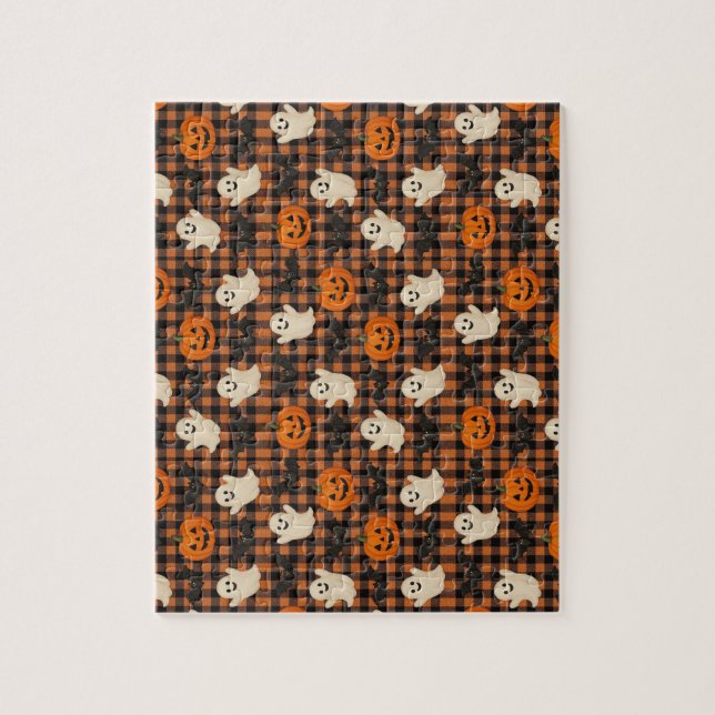 Niedlich, Gingham-halloween-Geist-Kürbisbäume Puzzle (Vertikal)