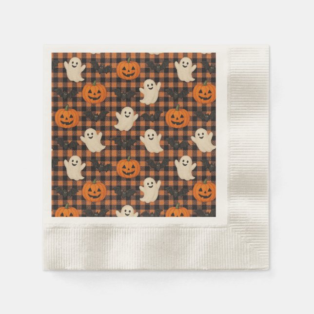 Niedlich, Gingham-halloween-Geist-Kürbisbäume Serviette (Vorderseite)