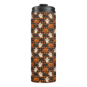 Niedlich, Gingham-halloween-Geist-Kürbisbäume Thermosbecher