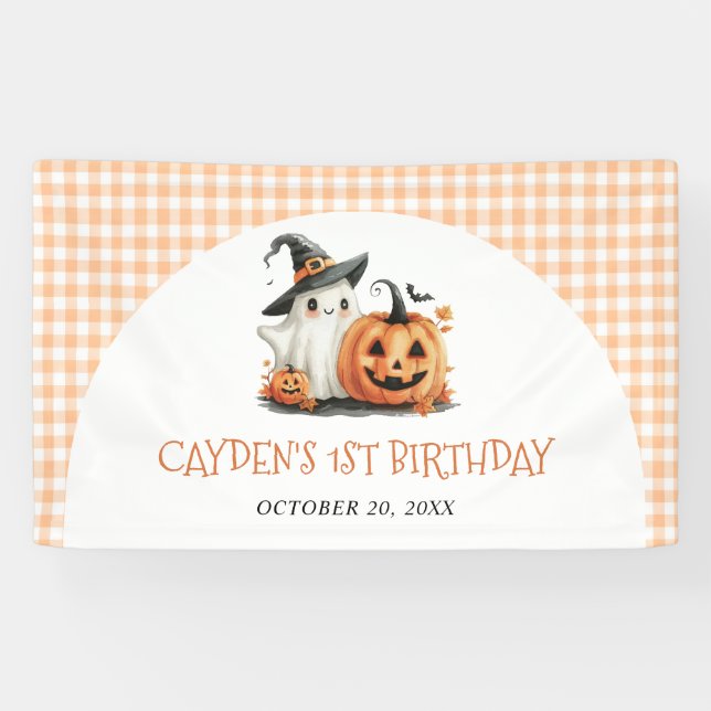 Niedlich Gingham Halloween Ghost 1. Geburtstag Banner (Horizontal)