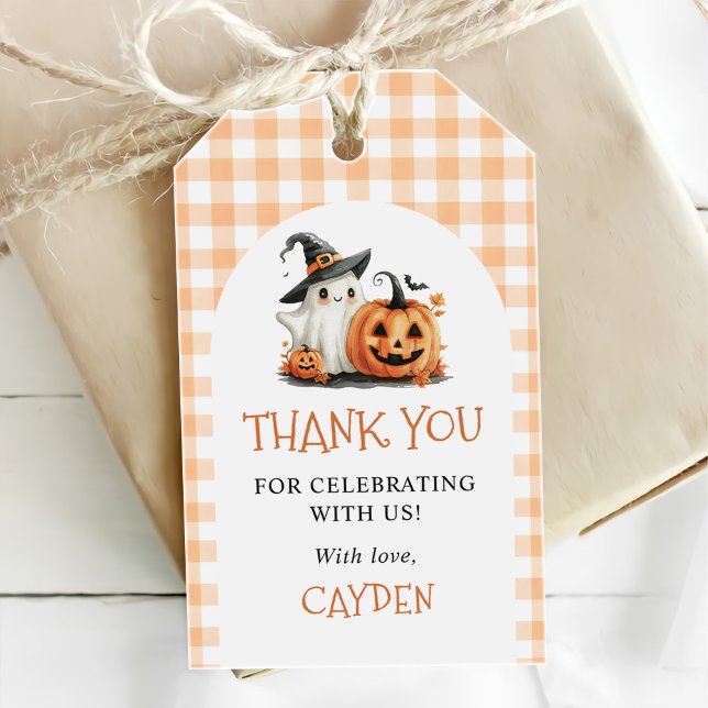 Niedlich Gingham Halloween Ghost 1. Geburtstag Geschenkanhänger (Von Creator hochgeladen)