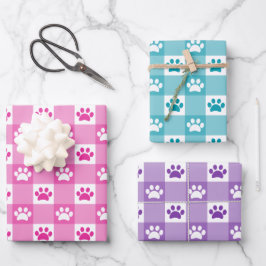 Niedlich Gingham Paw Print Pattern Pink Aquamarin Geschenkpapier Set
