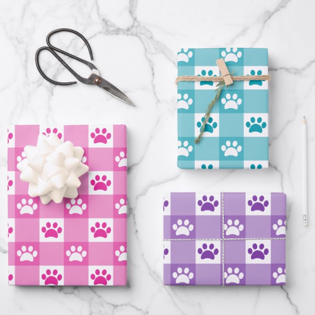 Niedlich Gingham Paw Print Pattern Pink Aquamarin  Geschenkpapier Set (Vorderseite)