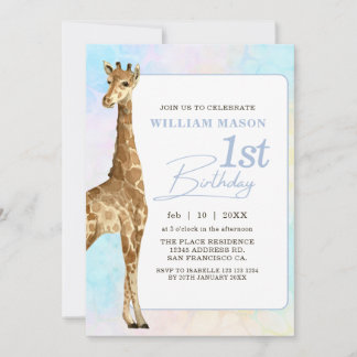 Niedlich Giraffe Boy 1. Geburtstag Blau Einladung