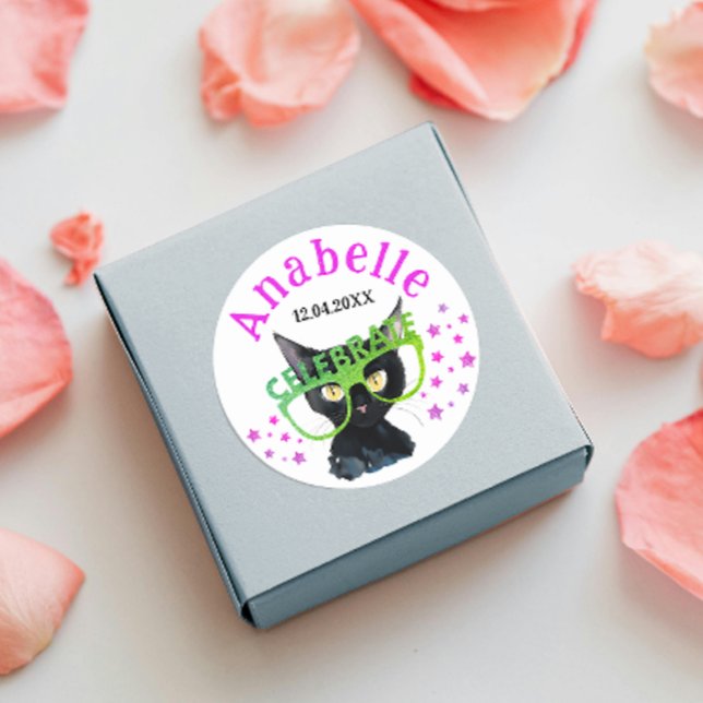Niedlich Girl Black Cat Pink Green Glitzer Wasserf Runder Aufkleber (Von Creator hochgeladen)