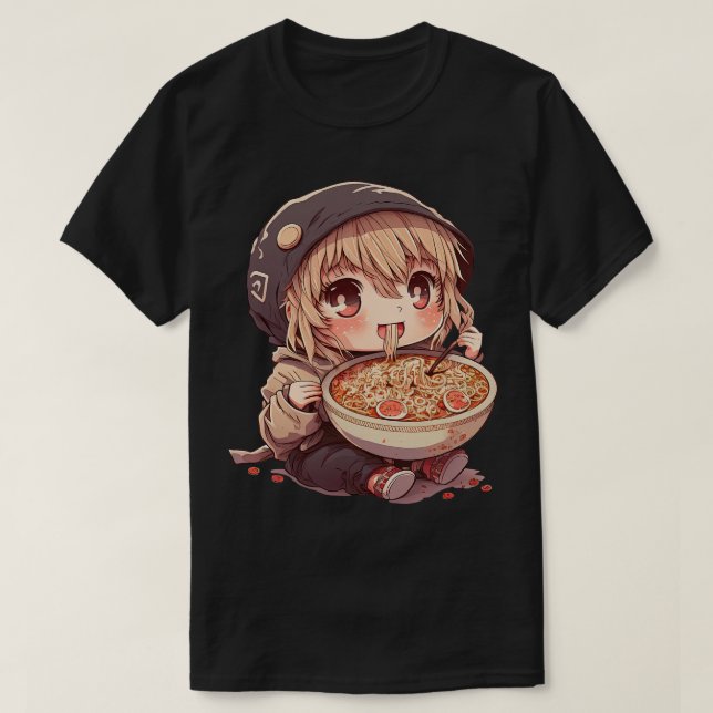 Niedlich Girl Eating Ramen Noodles Kawaii Anime Ki T-Shirt (Design vorne)