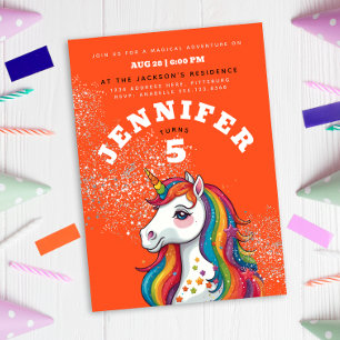 Niedlich Girl Einicorn Roter Glitzer Rote Sterne Einladung