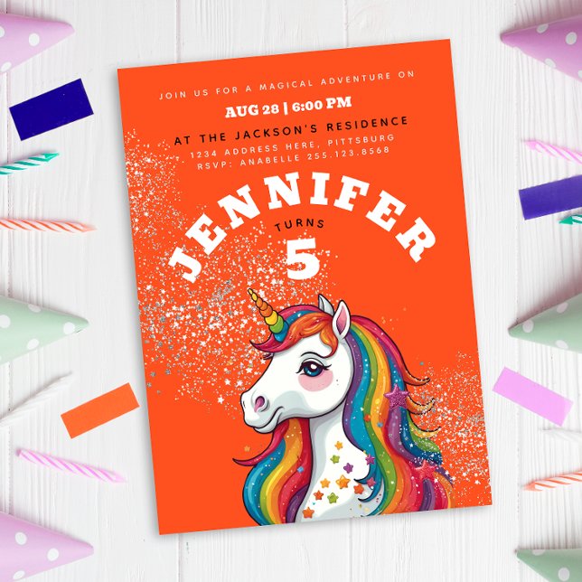 Niedlich Girl Einicorn Roter Glitzer Rote Sterne Einladung (Von Creator hochgeladen)