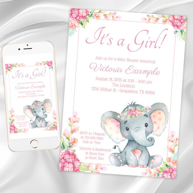 Niedlich Girl Elephant Babydusche Einladung (Cute Girl Elephant Baby Shower Invitation. Instant download and printed invitations available.)