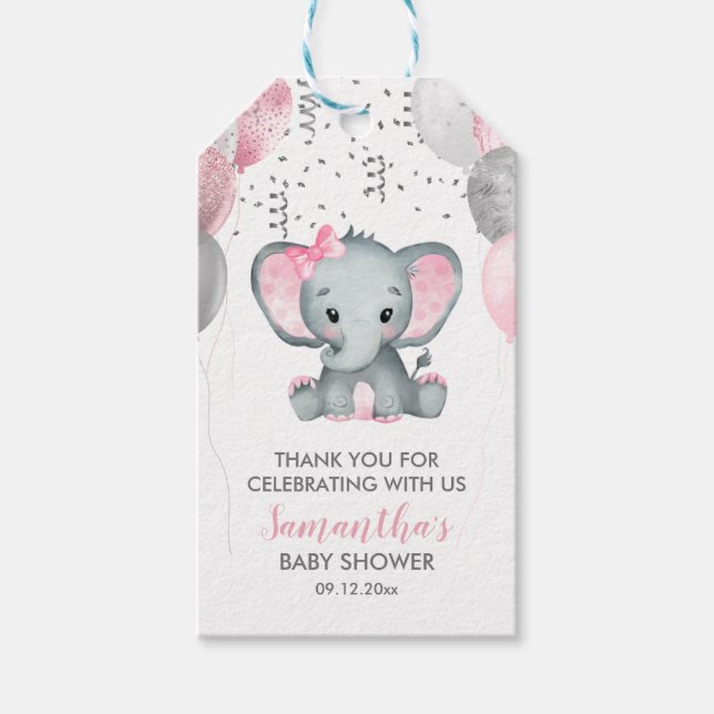Niedlich Girl Elephant Pink Balloons Babydusche Geschenkanhänger (Vorderseite)