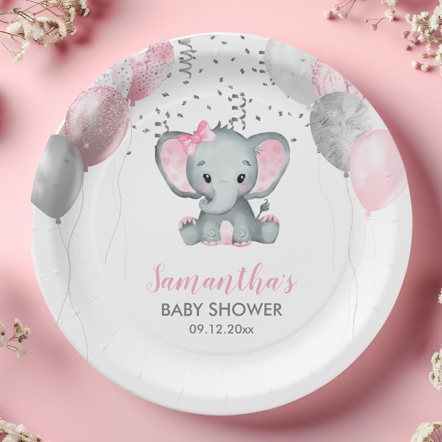Niedlich Girl Elephant Pink Balloons Babydusche Pappteller (Cute Girl Elephant Pink Balloons Baby Shower Paper Plates)