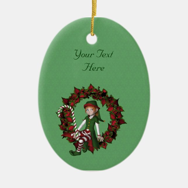 Niedlich Girl Elf Poinsettia Wreath Holiday Keramikornament (Vorne)